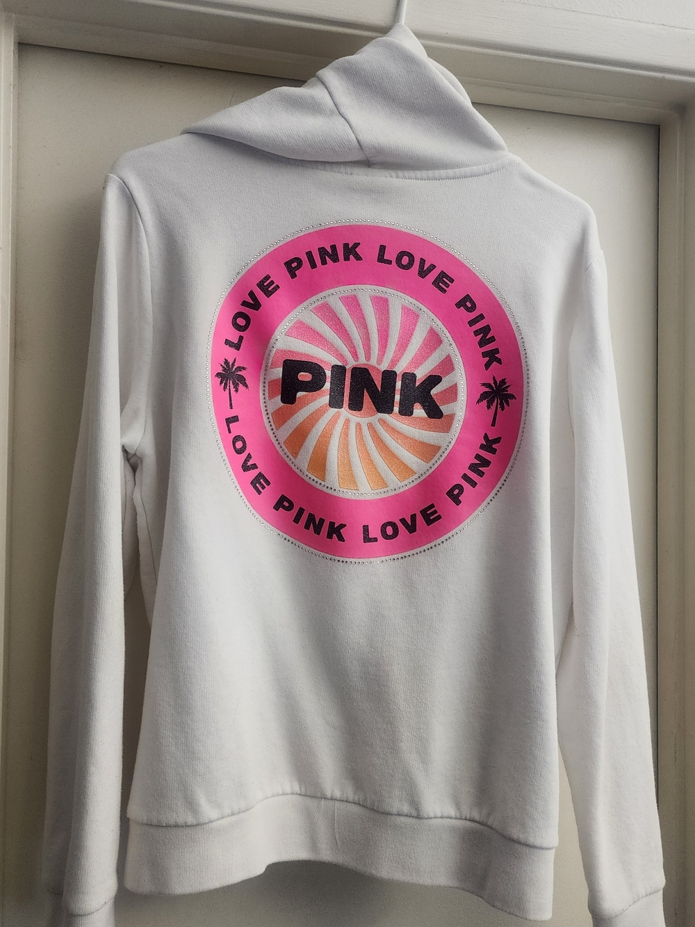 PINK Victoria's Secret White Hoodie with Hot Pink & Orange Graphic